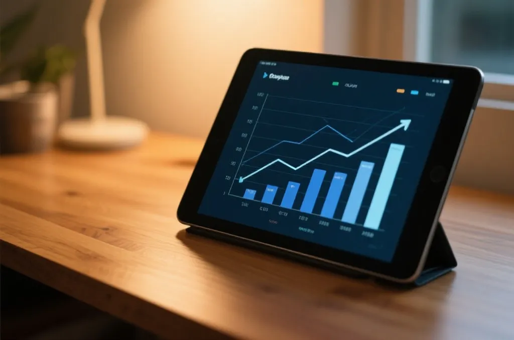 A tablet displaying an abstract line chart and bar graph with ascending trends, clean corporate styling, warm lighting on a wooden desk